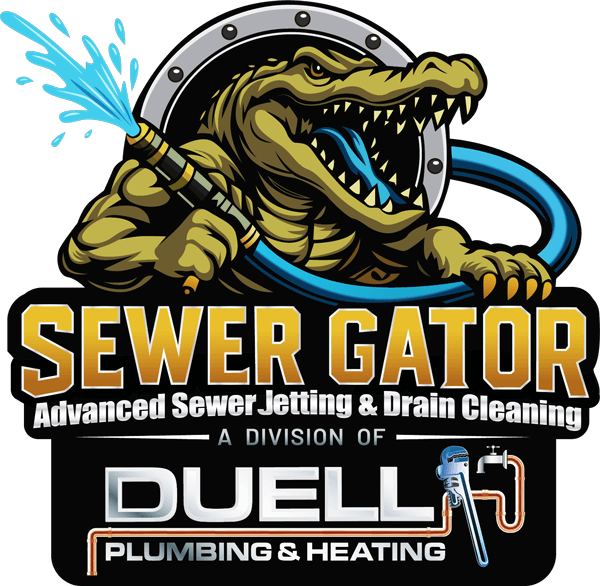 Sewer Gator logo with alligator with water jetting hose